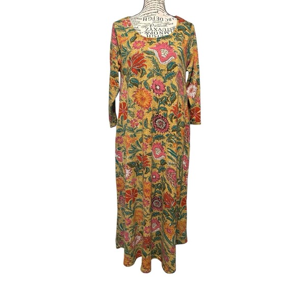 Natural Life Lottie Knit Midi Dress Medium Tan Floral 3/4 Sleeves Boho Whimsical - Picture 1 of 9